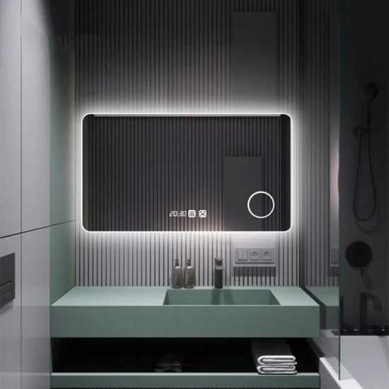 Miroir de salle de bain Bluetooth intelligent avec désembuage LED et horloge numérique